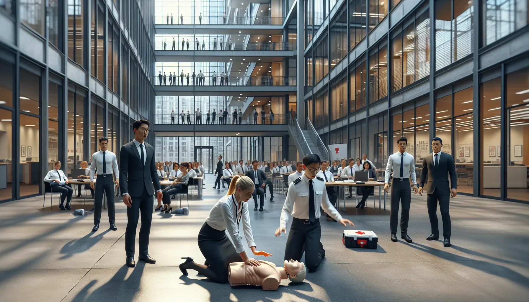 Menschen lernen CPR in einem modernen Bürogebäude